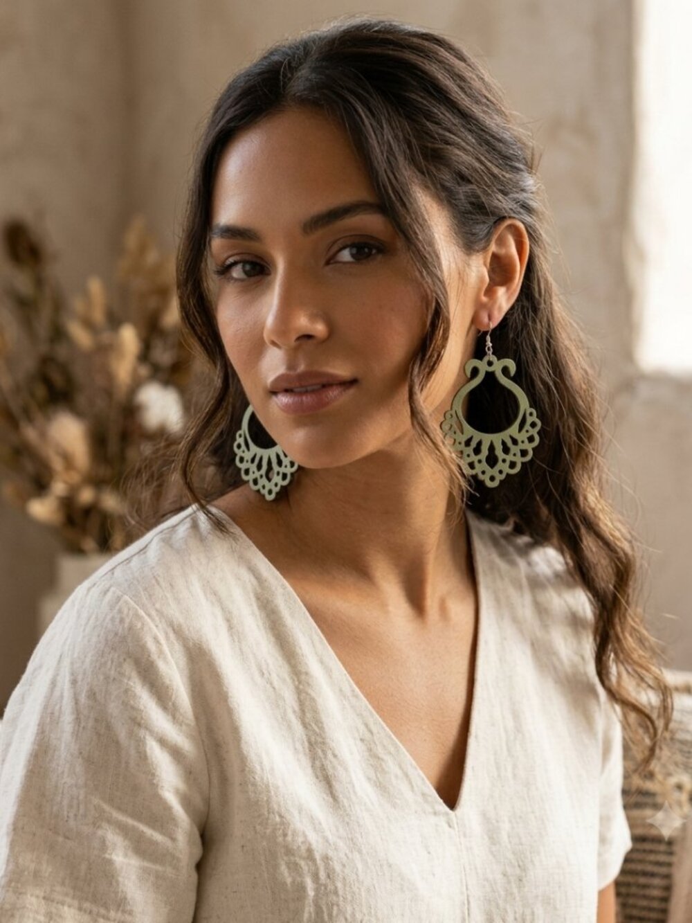 ⭐️ $10 - K JOHNSON MOROCCAN LACE FILIGREE WOOD LIGHTWEIGHT BOHO EARRINGS